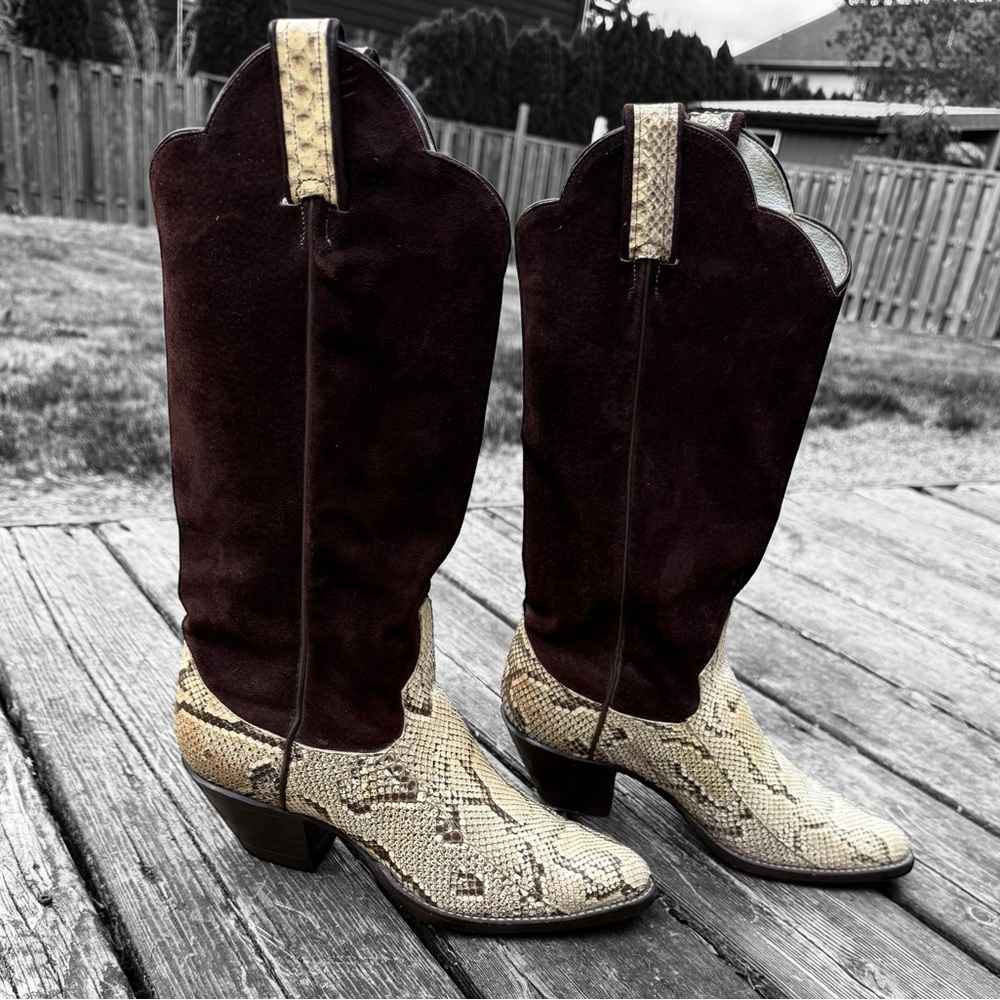Vintage Larry Mahan Brown Suede and Reptile Leather Women's Cowboy Boots - Picture 2 of 8